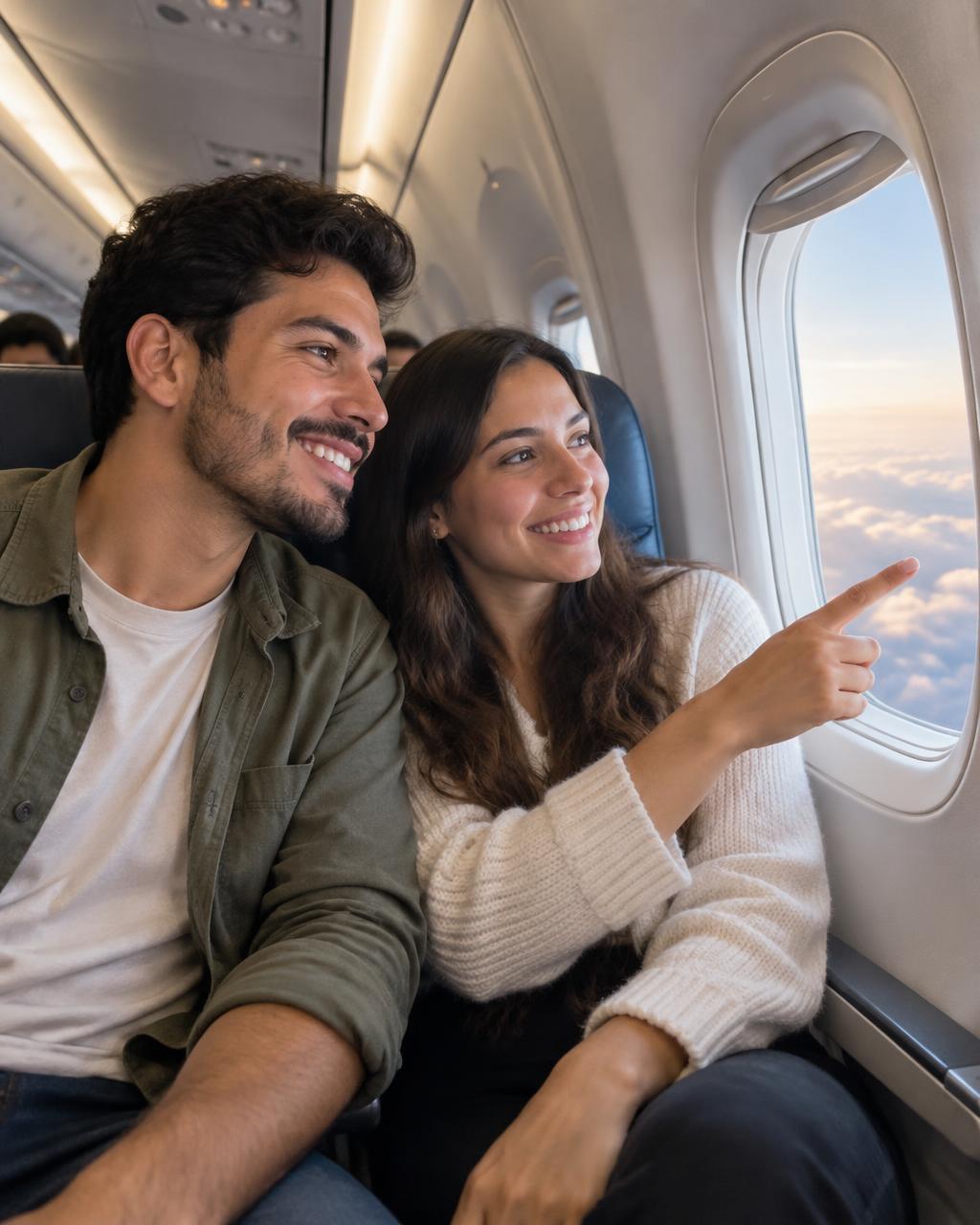 familia salvadoreña feliz viendo las nubes por la ventanilla del avión